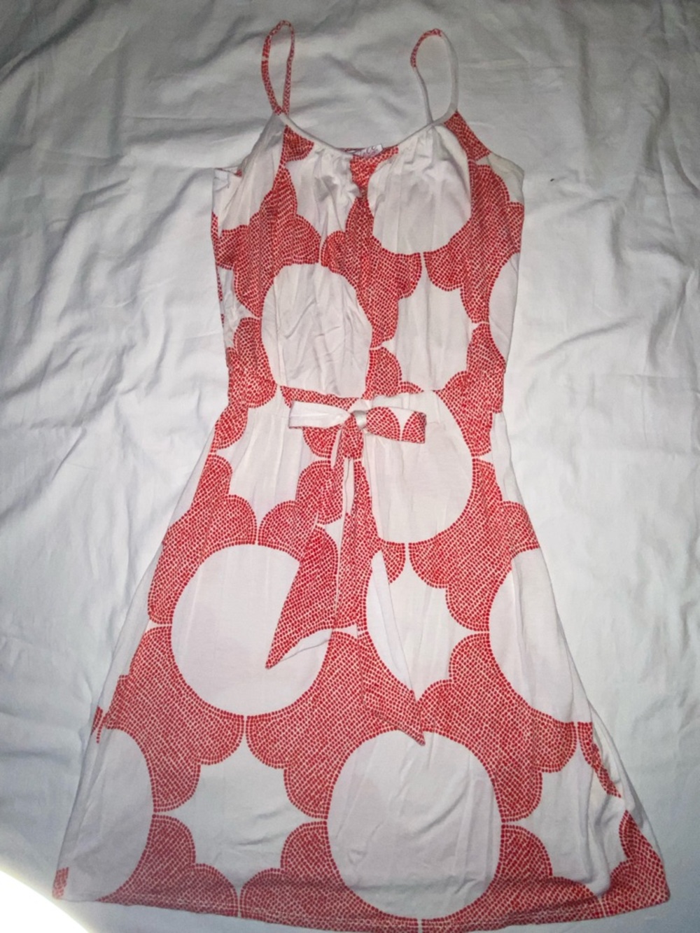 Nell Couture White Mini Dress with Red Circular Print and Tie Waist
